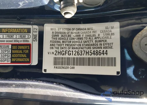 2007 Honda Civic Lx z USA, uszkodzony, nr VIN 2HGFG12637H548644